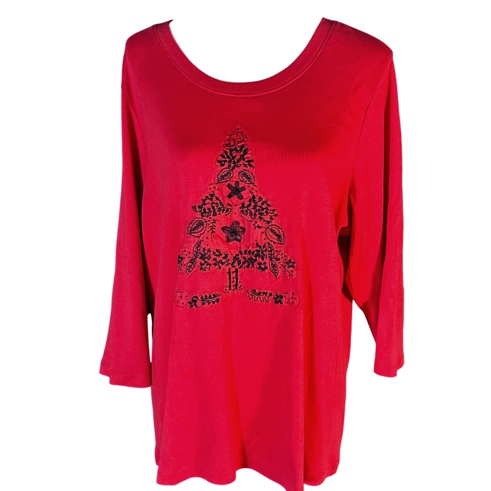 Coldwater Creek Top Women 1X Red Beaded Christmas Tree Holiday Scoop Neck 3/4 Sl